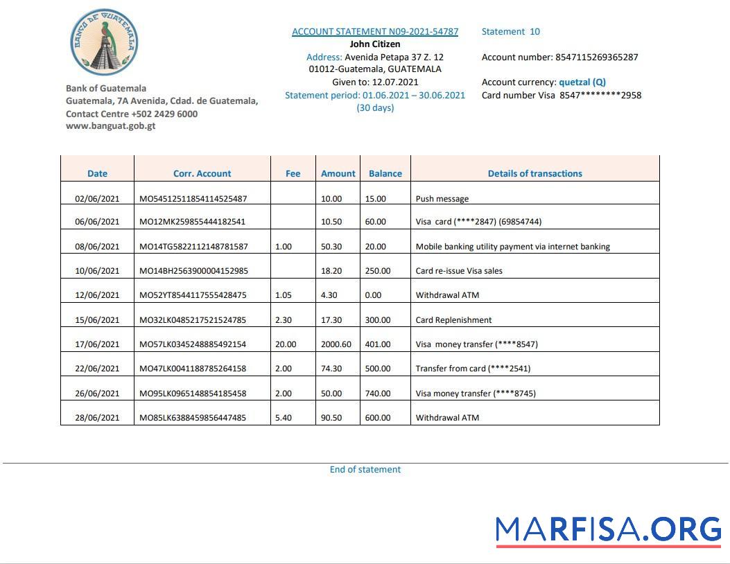Printable Guatemala Banco de Guatemala bank statement word download for verification